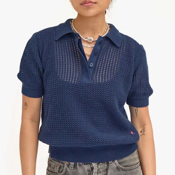 Clare V Tops - Clare V. Augustine Polo Size L Navy Blue Mesh Cotton Knit Top